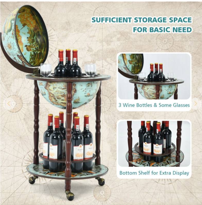 17 Inch Unique Retro Globe Wine Bar - 16th-Century Italian World Map Liquor Bottle Shelf Cart