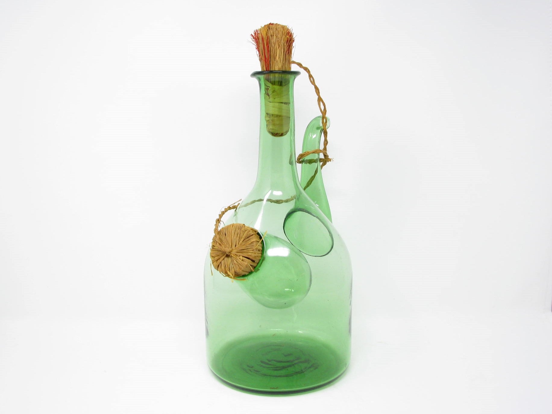 Vintage Italian Green Blown Glass Wine Decanter with Straw Stoppers
