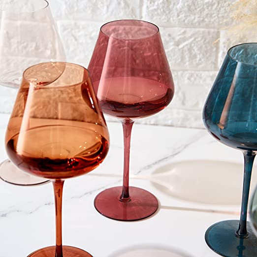 Colored Crystal Wine Glass Set of 6 - Elegant Italian Style Drinkware for Hosting, Gifts