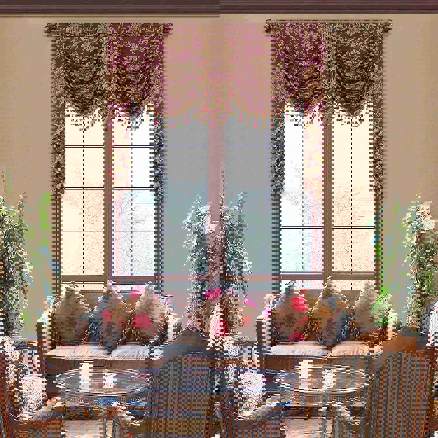 Bordeaux Swag Valance - Classic Woven Pattern Burgundy Window Valance