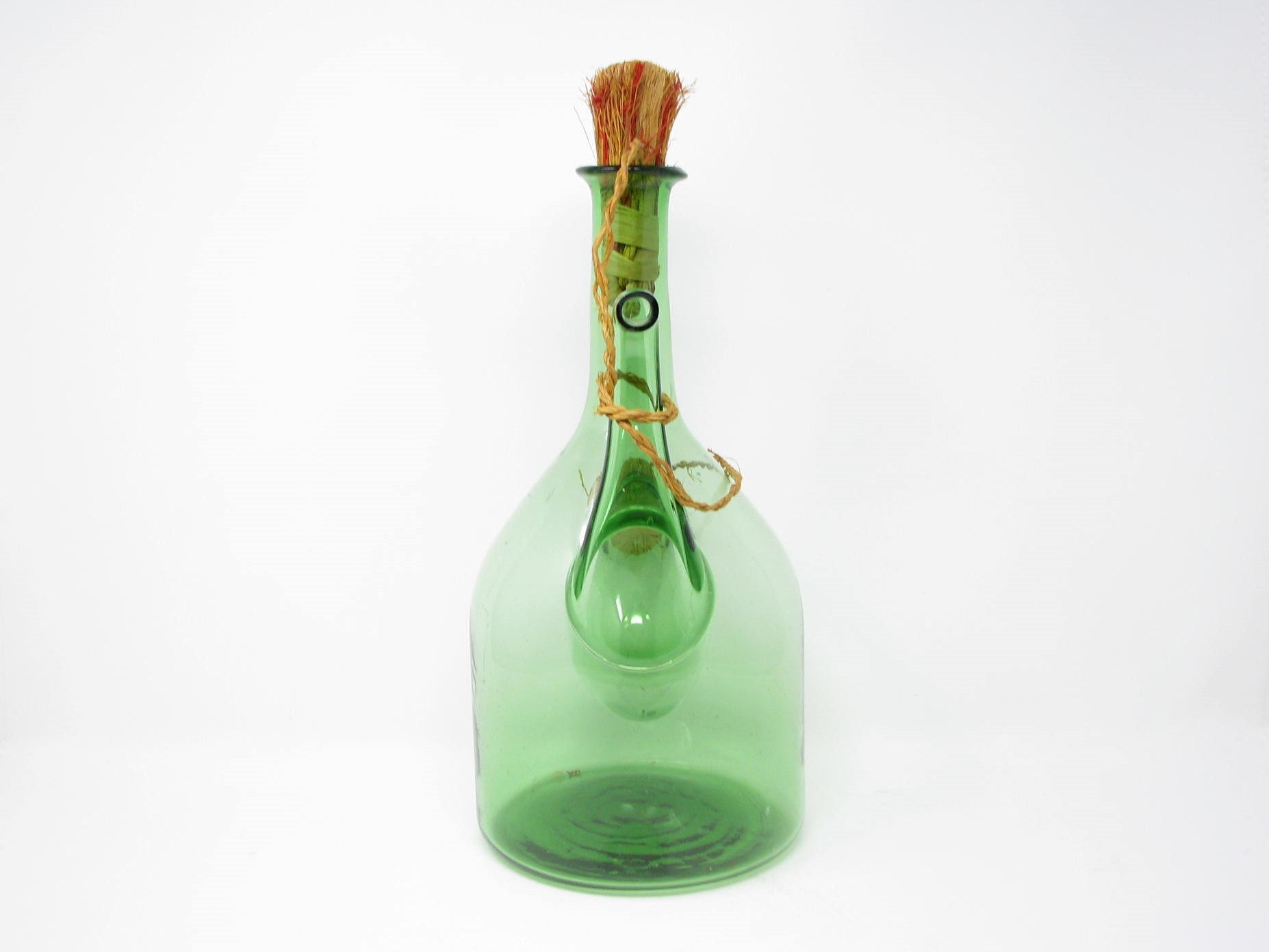 Vintage Italian Green Blown Glass Wine Decanter with Straw Stoppers