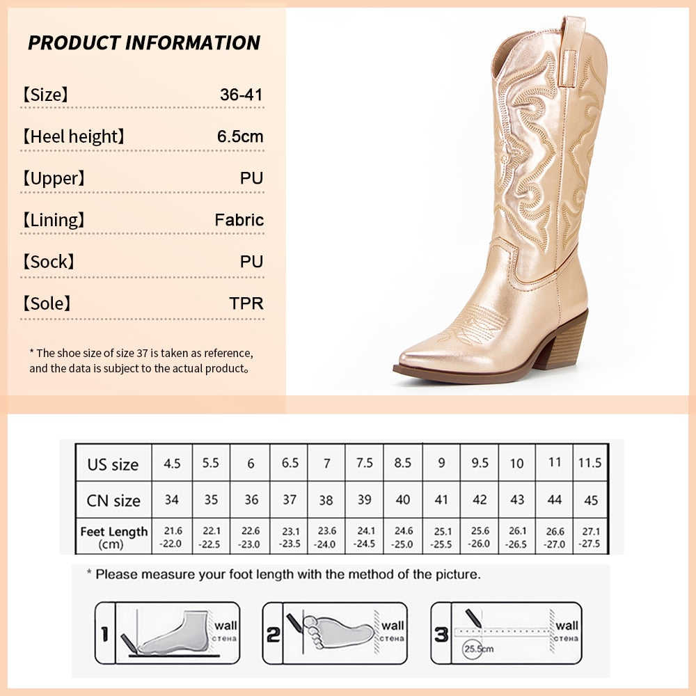 Ladies Long Cowgirl Boots - Embroidered Pointed Toe Western Boots with Chunky Heel