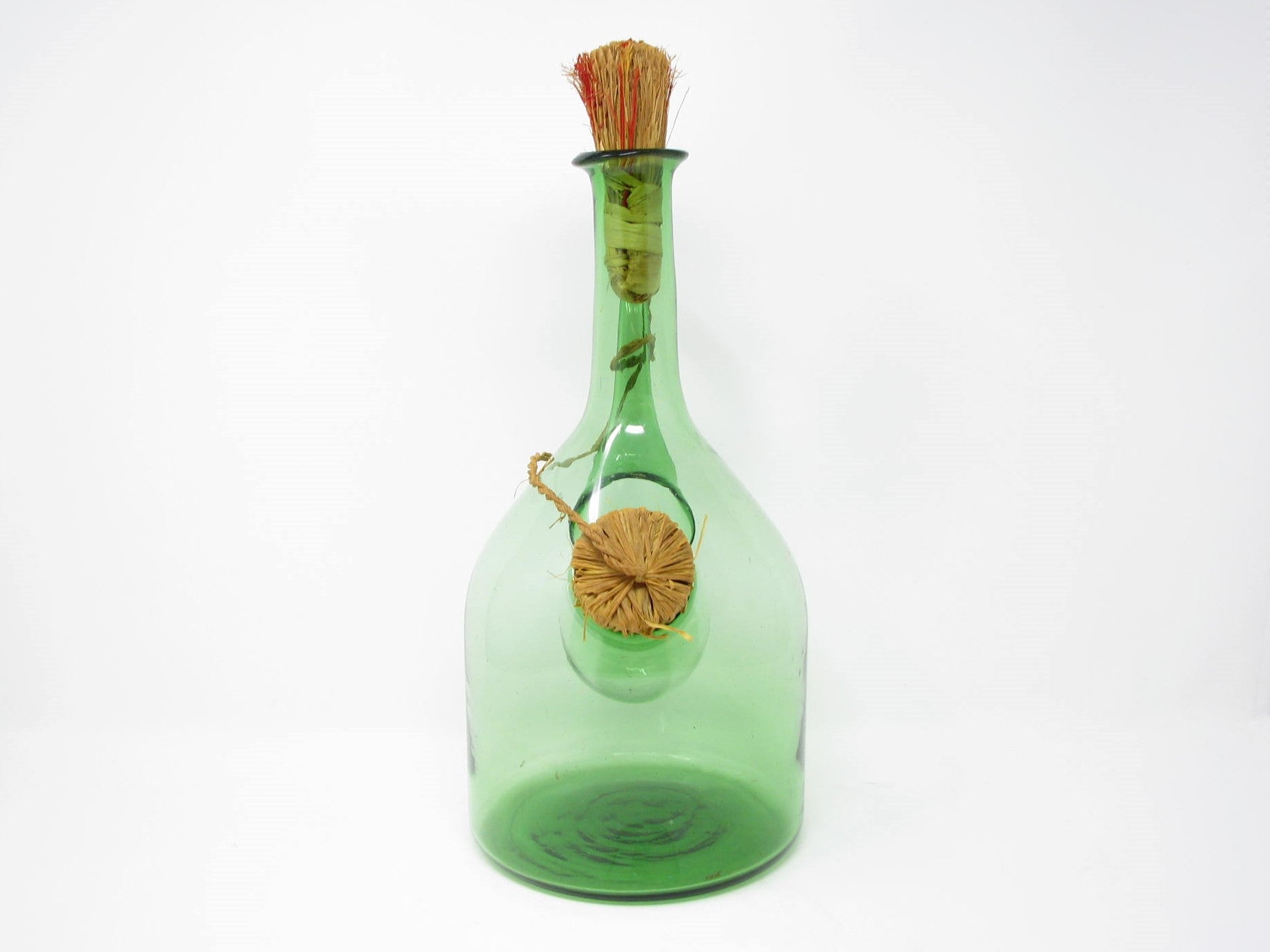 Vintage Italian Green Blown Glass Wine Decanter with Straw Stoppers