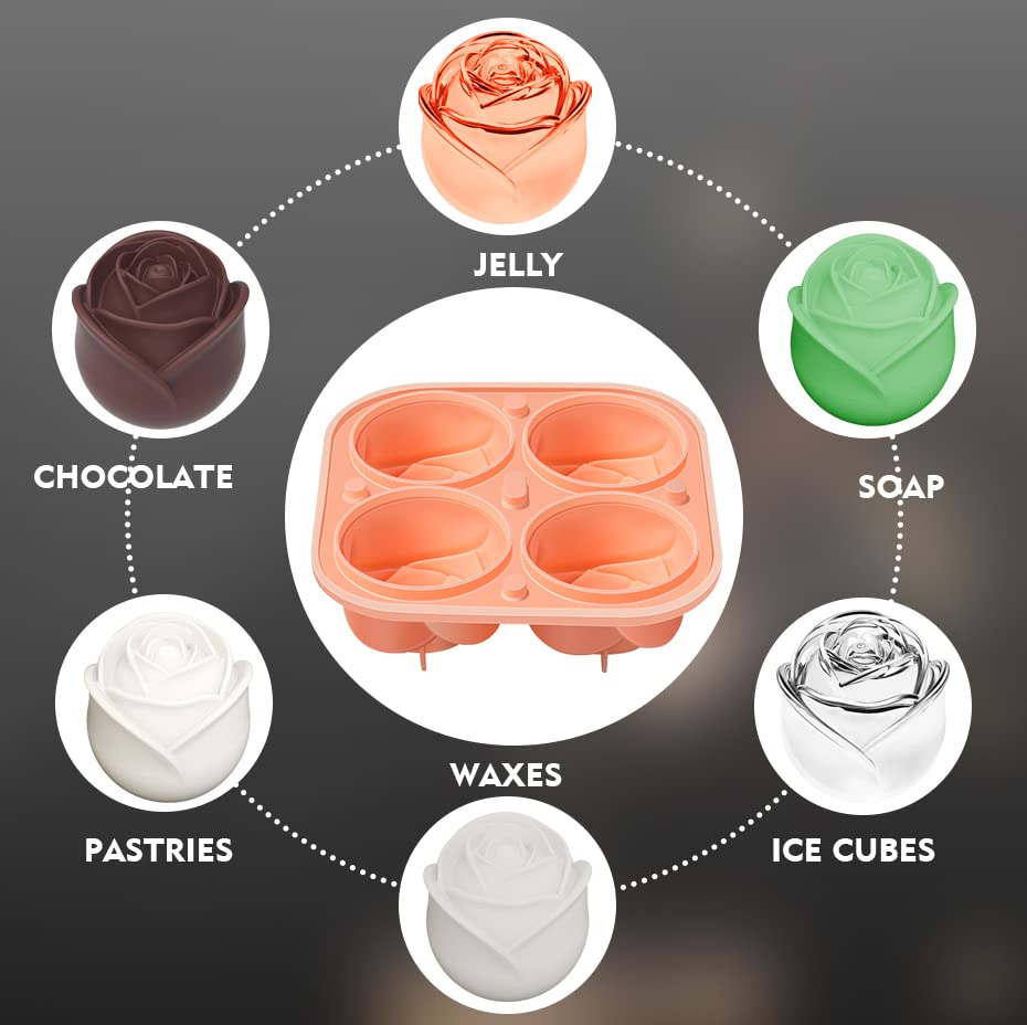 KooMall 3D Rose Ice Molds - 2.5 Inch Large Silicone Ice Cube Trays for Cocktails, Juice, Whiskey