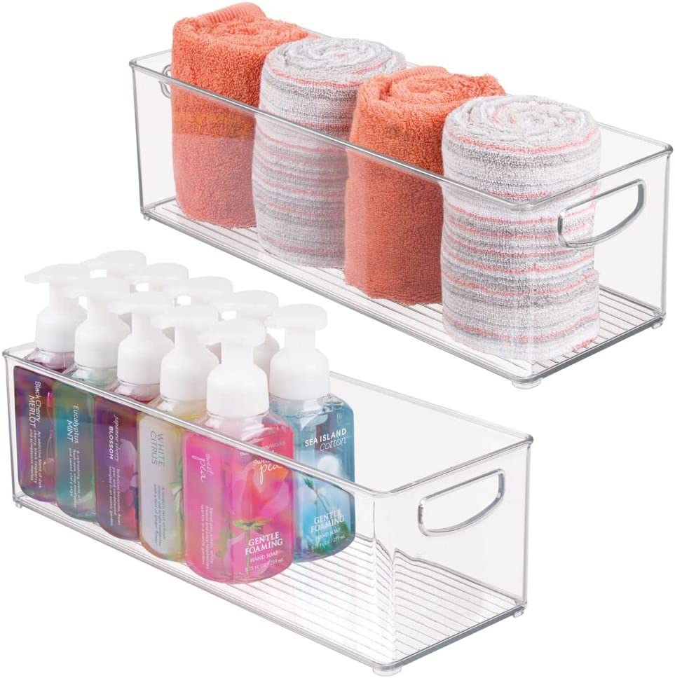 mDesign Plastic Bathroom Organizer - Storage Bin with Handles for Vanity, Cupboard, or Closet - 2 Pack - Clear