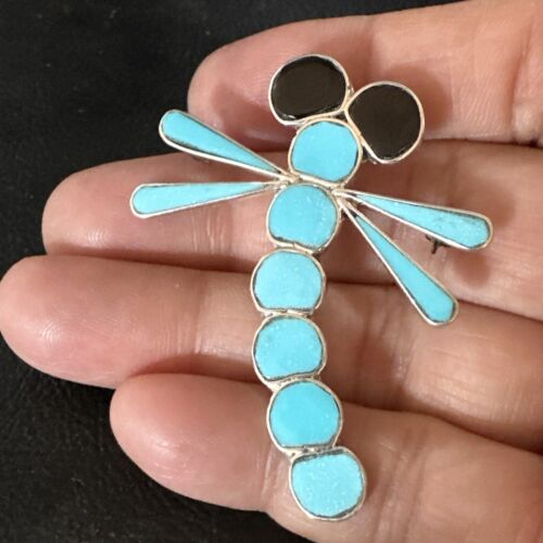 Blue Kingman Turquoise Zuni Sterling Silver Dragonfly Inlay Pin Pendant