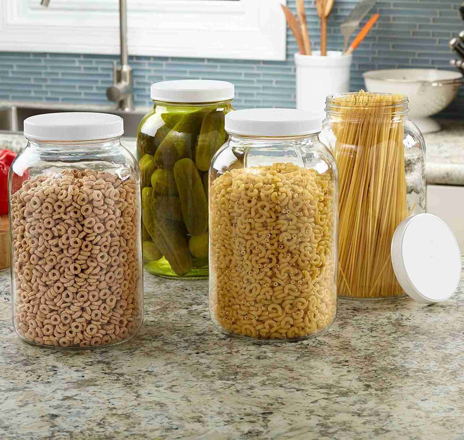 4 Pack - 1 Gallon Glass Jar with Plastic Airtight Lid, Muslin Cloth, Rubber Band - Wide Mouth Easy Clean - BPA Free & Dishwasher Safe