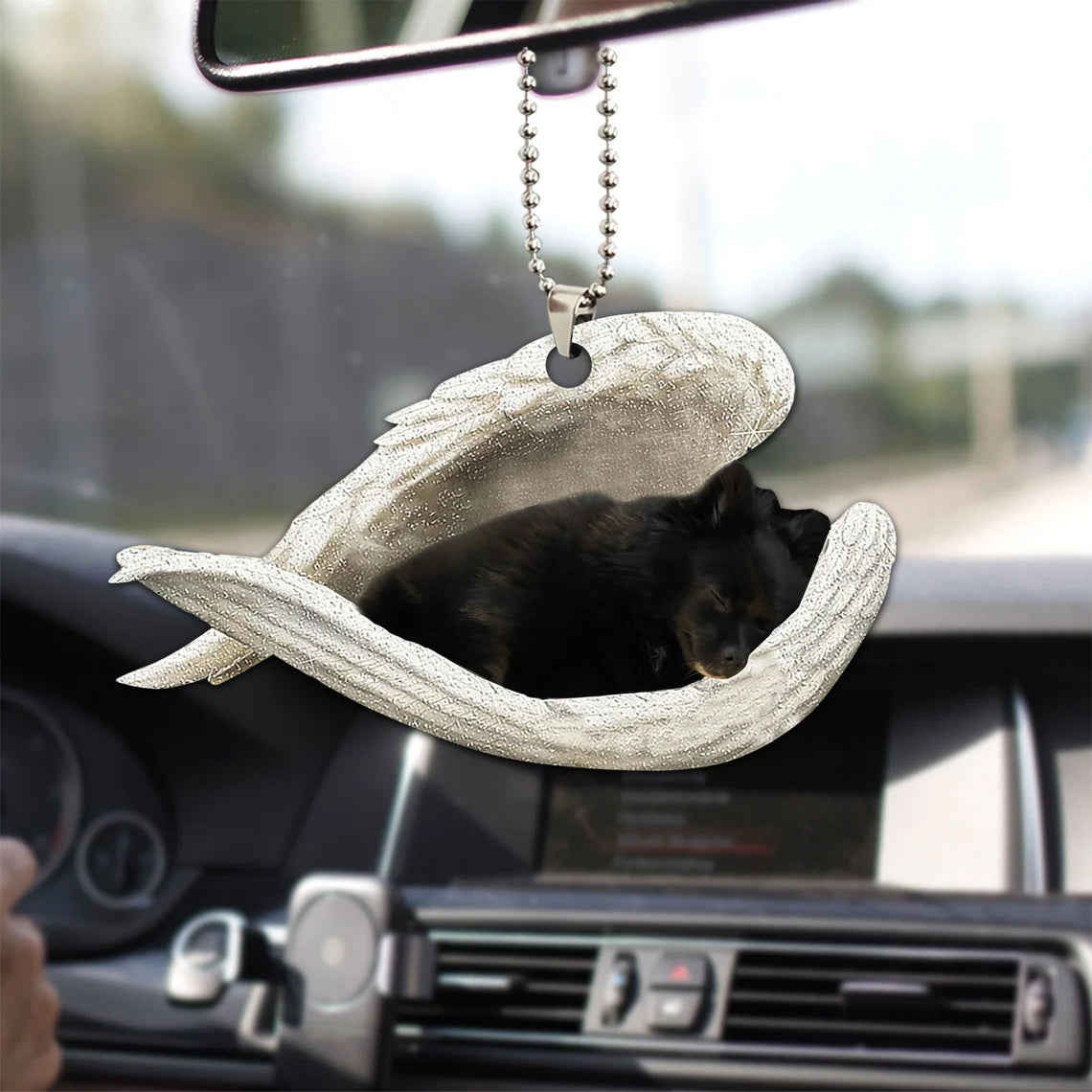 Black Pomeranian Sleeping Angel Wing - Memorial Dog Lover Rear View Mirror Car Accessory