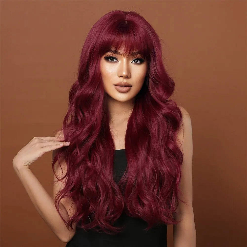 Wine Red Long Burgundy Wavy Wigs for Women with Bangs - Heat Resistant Synthetic Hair for Cosplay & Daily Use