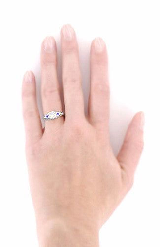 Art Deco Engraved Filigree Diamond Engagement Ring with Side Blue Sapphires in 14K White Gold