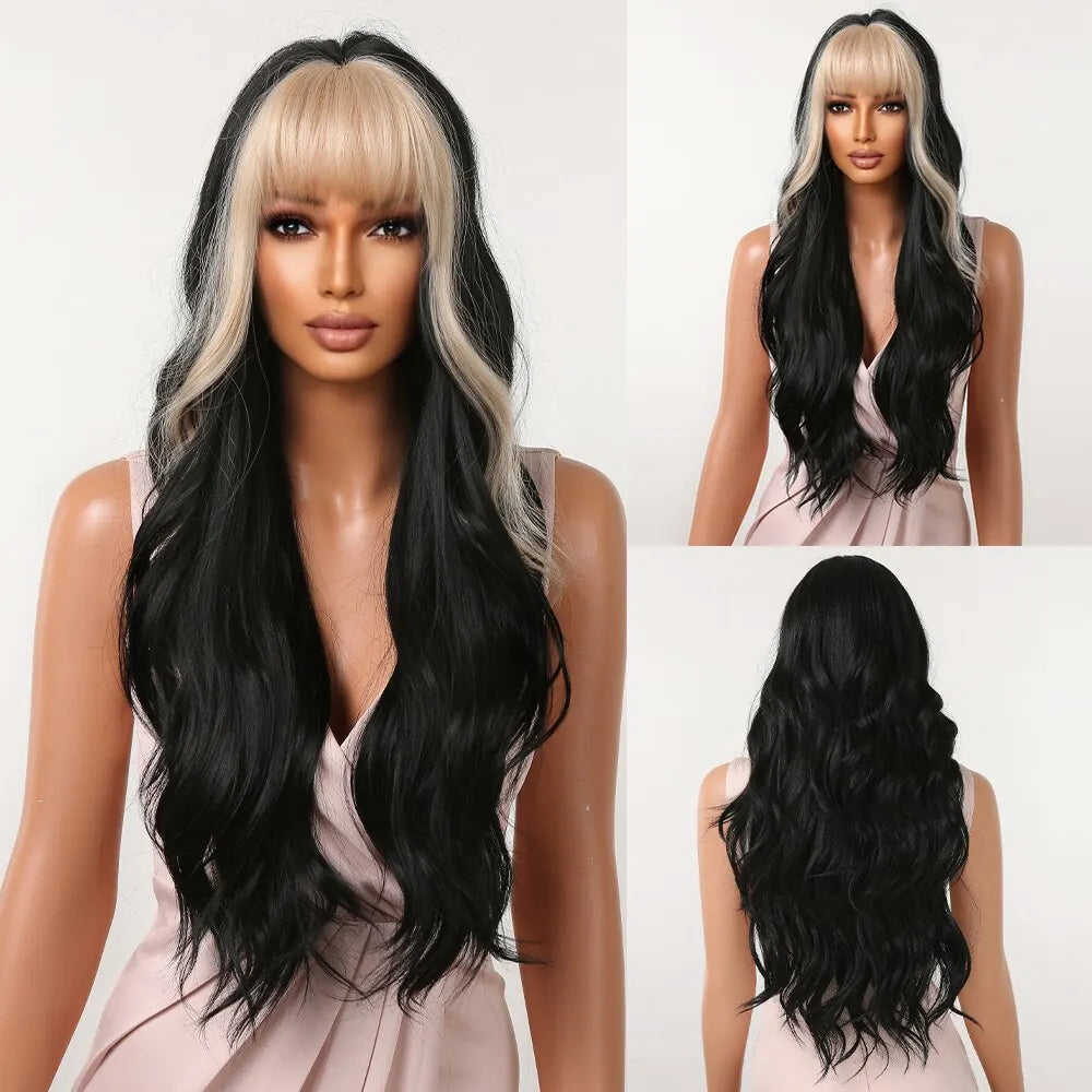 Wine Red Long Burgundy Wavy Wigs for Women with Bangs - Heat Resistant Synthetic Hair for Cosplay & Daily Use