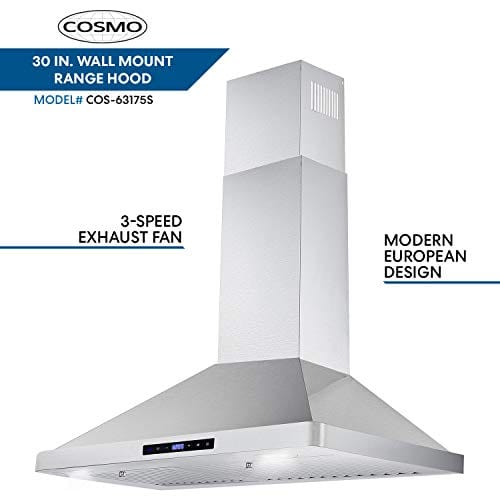 Cosmo 63175S 30 Inch 380 CFM Stainless Steel Wall Mount Kitchen Range Hood with Digital Push Control & LED Lighting