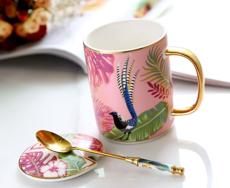 Large Capacity Jungle Animal Porcelain Mugs with Spoon and Cover in Gift Box