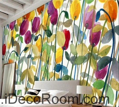 Abstract Poppy Flower Yellow Red Purple Wallpaper Wall Decals - Home Decor Gift