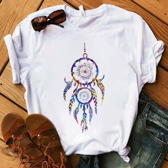 Women's Flower Dreamcatcher T-shirt - Harajuku O-Neck Casual Top