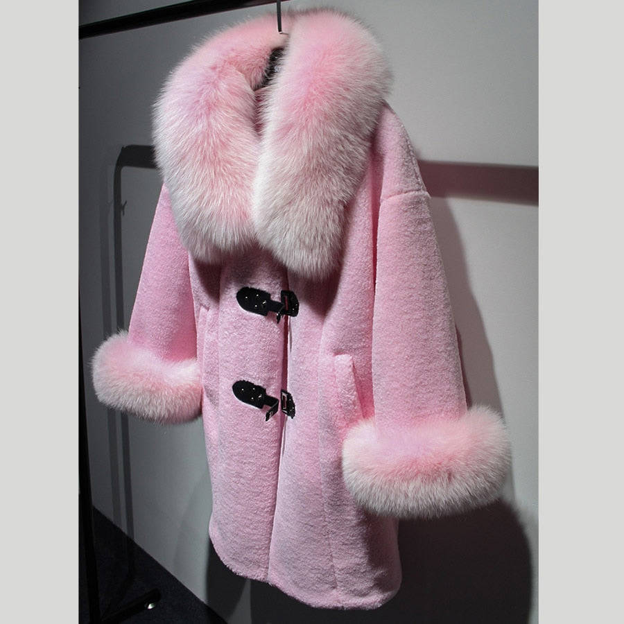 2020 Fashion Women's Winter Jacket - Natural Wool Sheepskin Long Teddy Bear Coat with Real Fox Fur