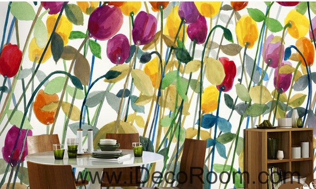 Abstract Poppy Flower Yellow Red Purple Wallpaper Wall Decals - Home Decor Gift
