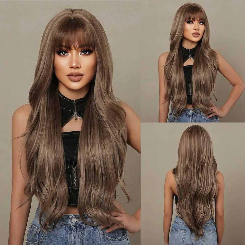Wine Red Long Burgundy Wavy Wigs for Women with Bangs - Heat Resistant Synthetic Hair for Cosplay & Daily Use