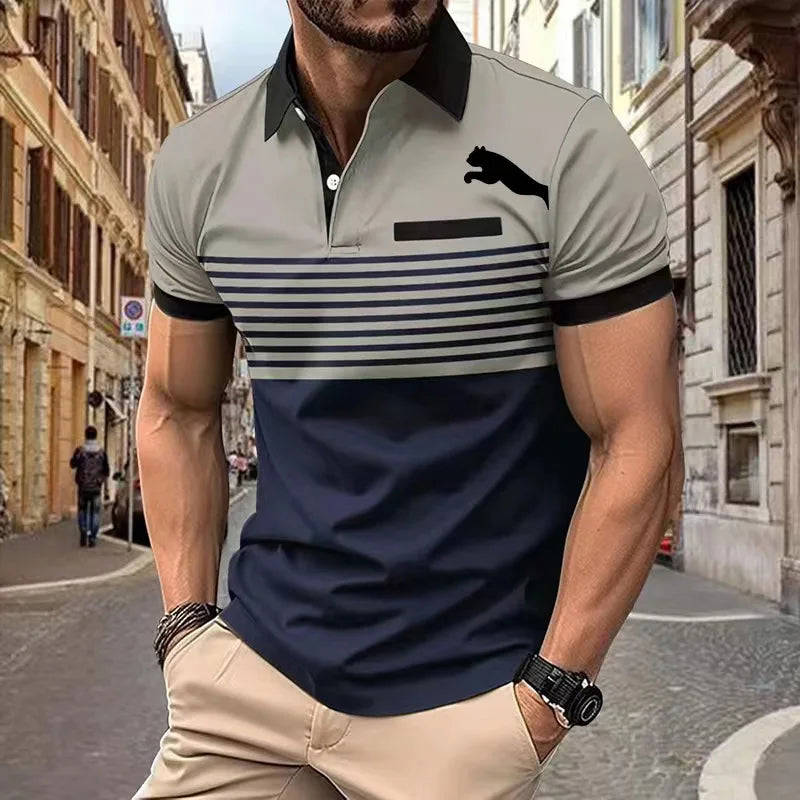 Fashion Simplicity Stripe Print Polo T-Shirt For Men - Summer Trend Golf Casual Shirt