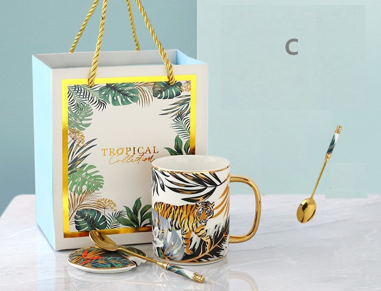 Large Capacity Jungle Animal Porcelain Mugs with Spoon and Cover in Gift Box