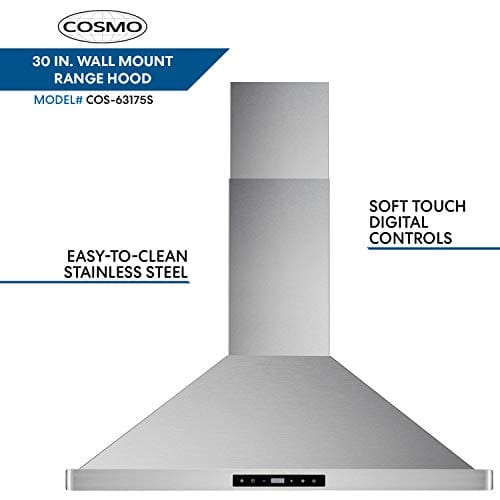 Cosmo 63175S 30 Inch 380 CFM Stainless Steel Wall Mount Kitchen Range Hood with Digital Push Control & LED Lighting
