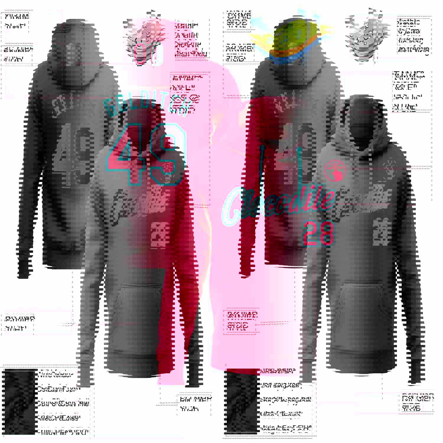 Custom Stitched Black Neon Pink-Teal Gradient Fashion Sports Pullover Sweatshirt Hoodie
