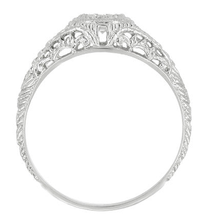 Art Deco Engraved Filigree Diamond Engagement Ring with Side Blue Sapphires in 14K White Gold