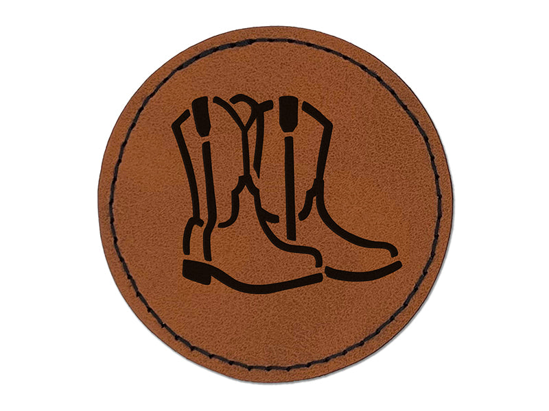 Simple Cowboy Cowgirl Boots Country Farm Life Round Iron-On Engraved Faux Leather Patch Applique - 2.5