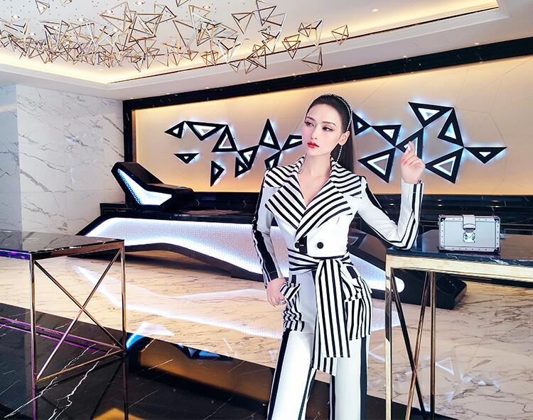 New Spring and Autumn Office Lady Brand Women's Stripe Long Sleeve Jumpsuit