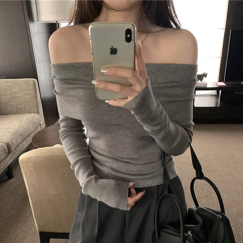 Nukty Black Solid Off Shoulder Elegant Long Sleeve Tops for Women