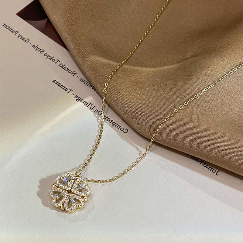 Retro Magnetic Folding Heart Shaped Four Leaf Clover Pendant Necklace for Women