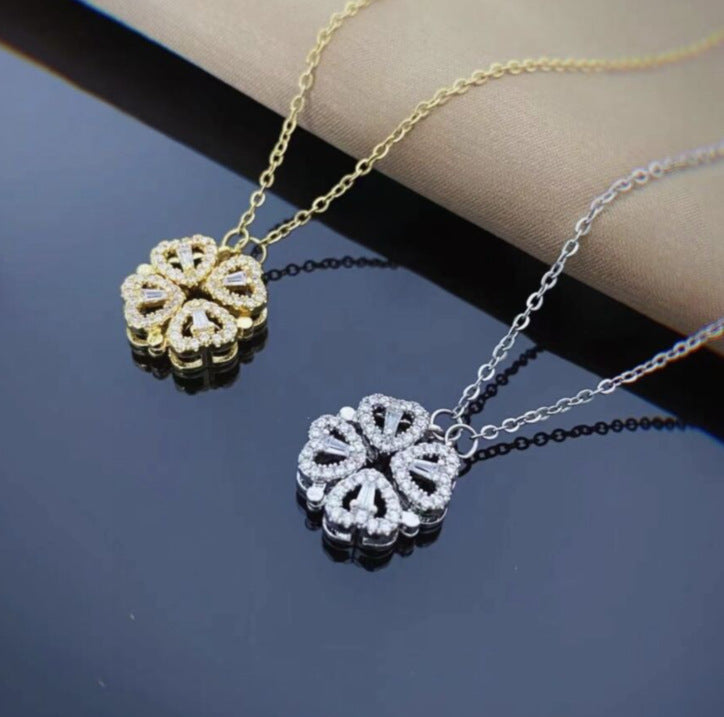 Retro Magnetic Folding Heart Shaped Four Leaf Clover Pendant Necklace for Women