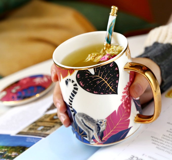 Large Capacity Jungle Animal Porcelain Mugs with Spoon and Cover in Gift Box
