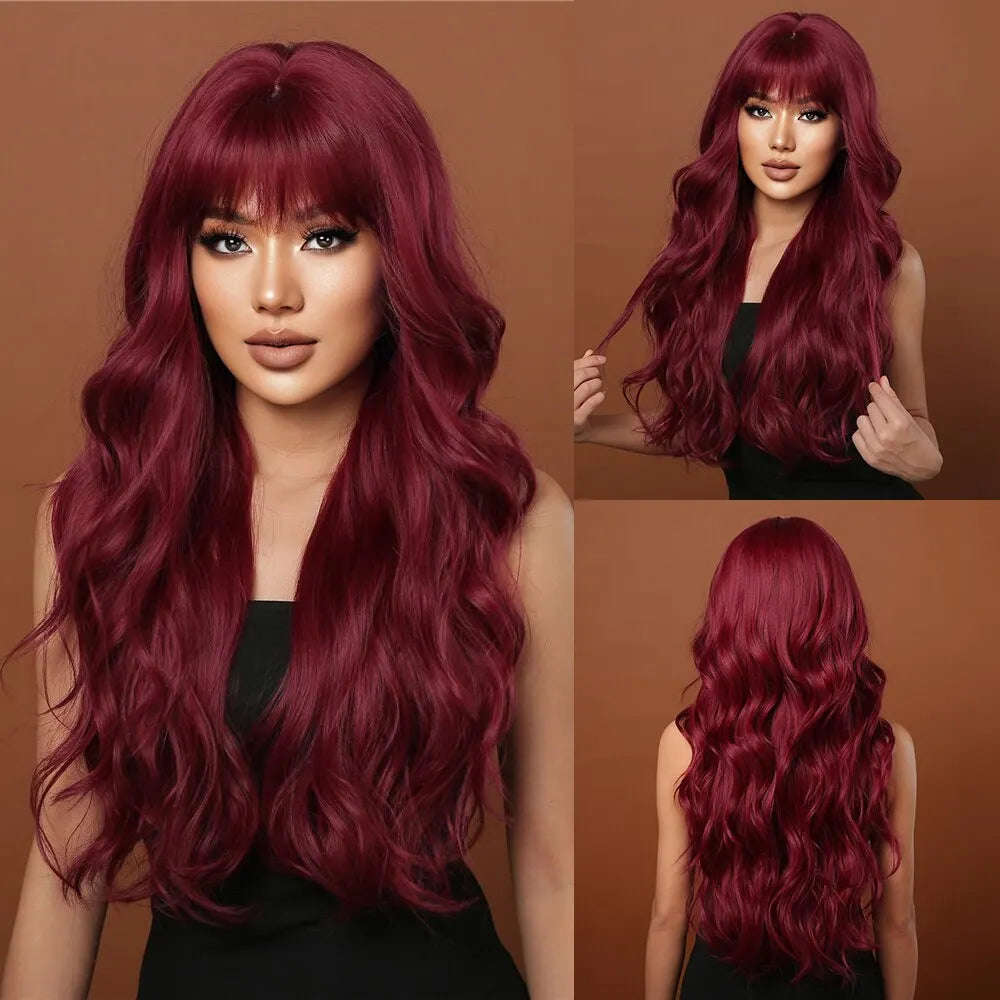 Wine Red Long Burgundy Wavy Wigs for Women with Bangs - Heat Resistant Synthetic Hair for Cosplay & Daily Use