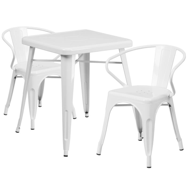 Flash Furniture Owen Commercial Grade 23.75 Square White Metal Indoor-Outdoor Table Set with 2 Arm Chairs