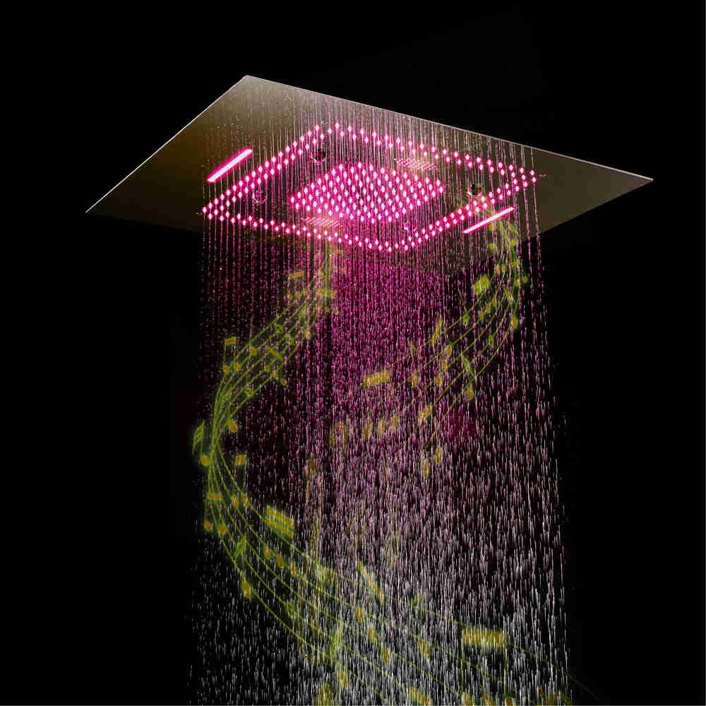 PRECISION Brushed Gold 32 Luxury Complete LED Music Shower Set with Rain Waterfall Mist Spray Function