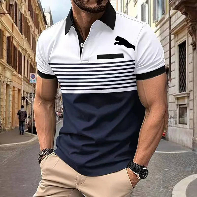 Fashion Simplicity Stripe Print Polo T-Shirt For Men - Summer Trend Golf Casual Shirt