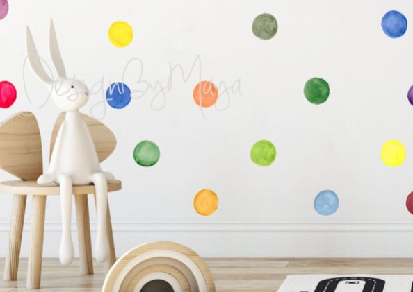 Rainbow Watercolor Polka Dots Fabric Nursery Wall Art Decals