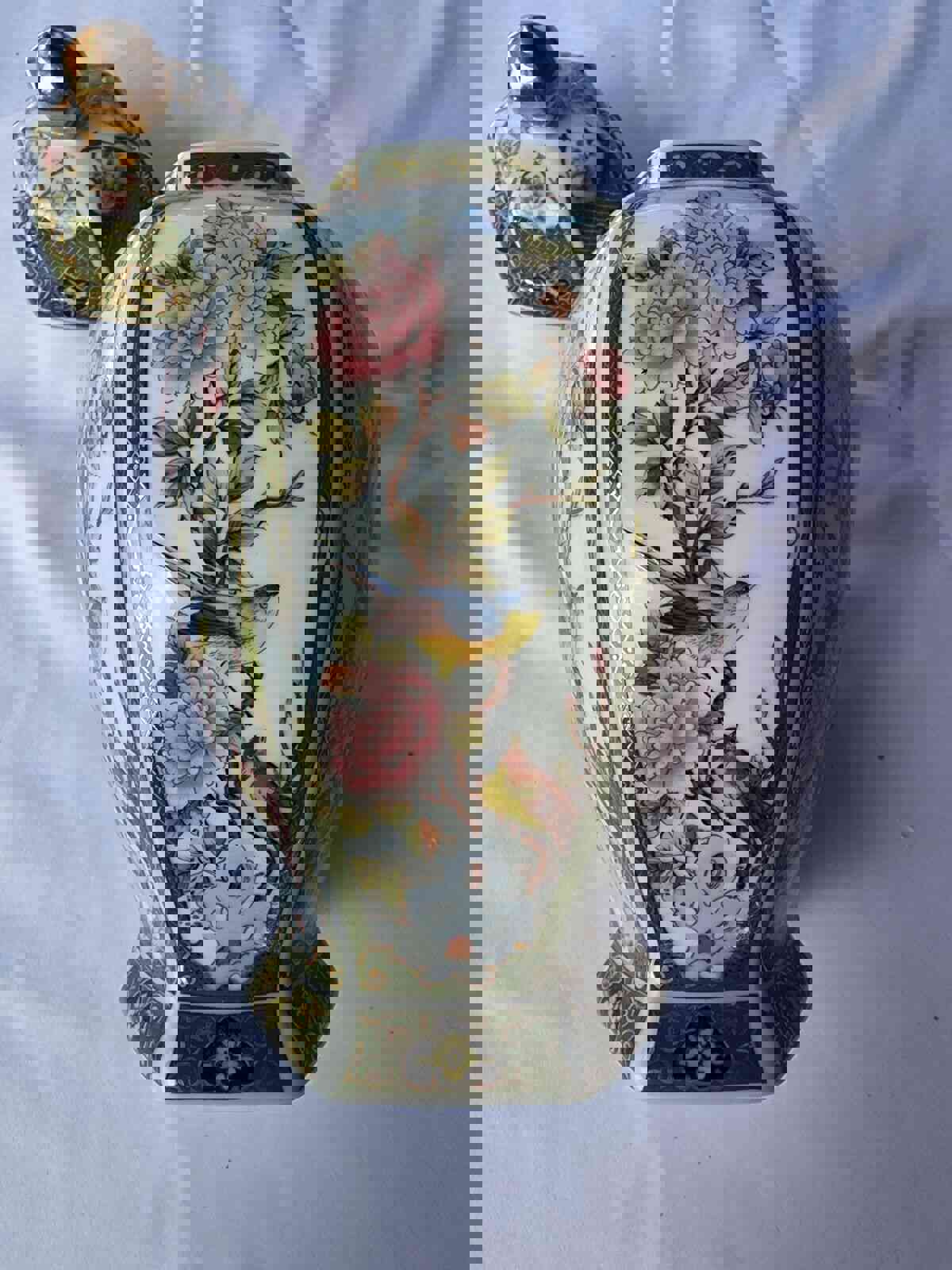 Vintage Japanese Famille Verte Green & Gold Birds Flowers Ginger Jar