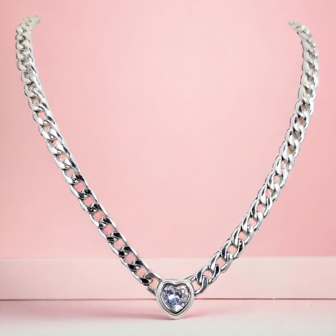 Allure of Affection Heart Necklace - Elegant Crystal Pendant with Cuban Chain