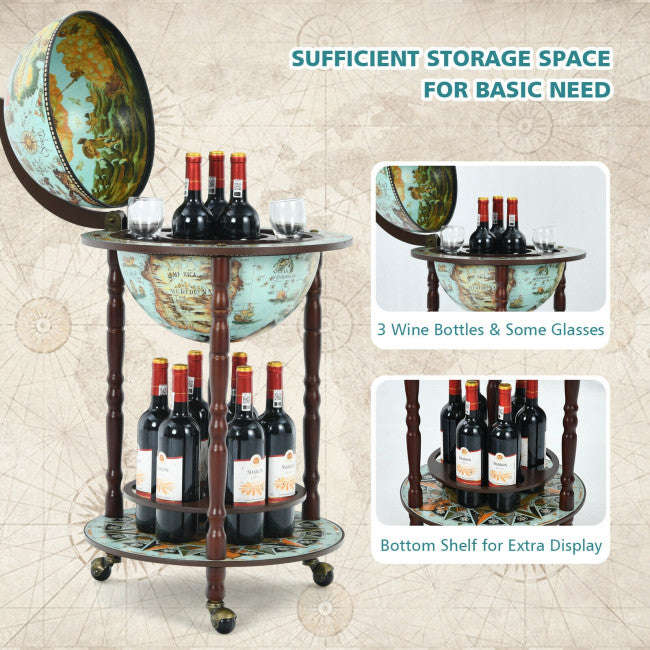 17 Inch Globe Wine Bar Stand with 16th Century Italian Map Design