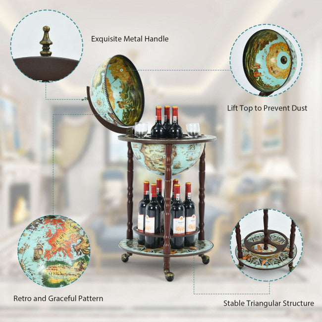 17 Inch Globe Wine Bar Stand with 16th Century Italian Map Design