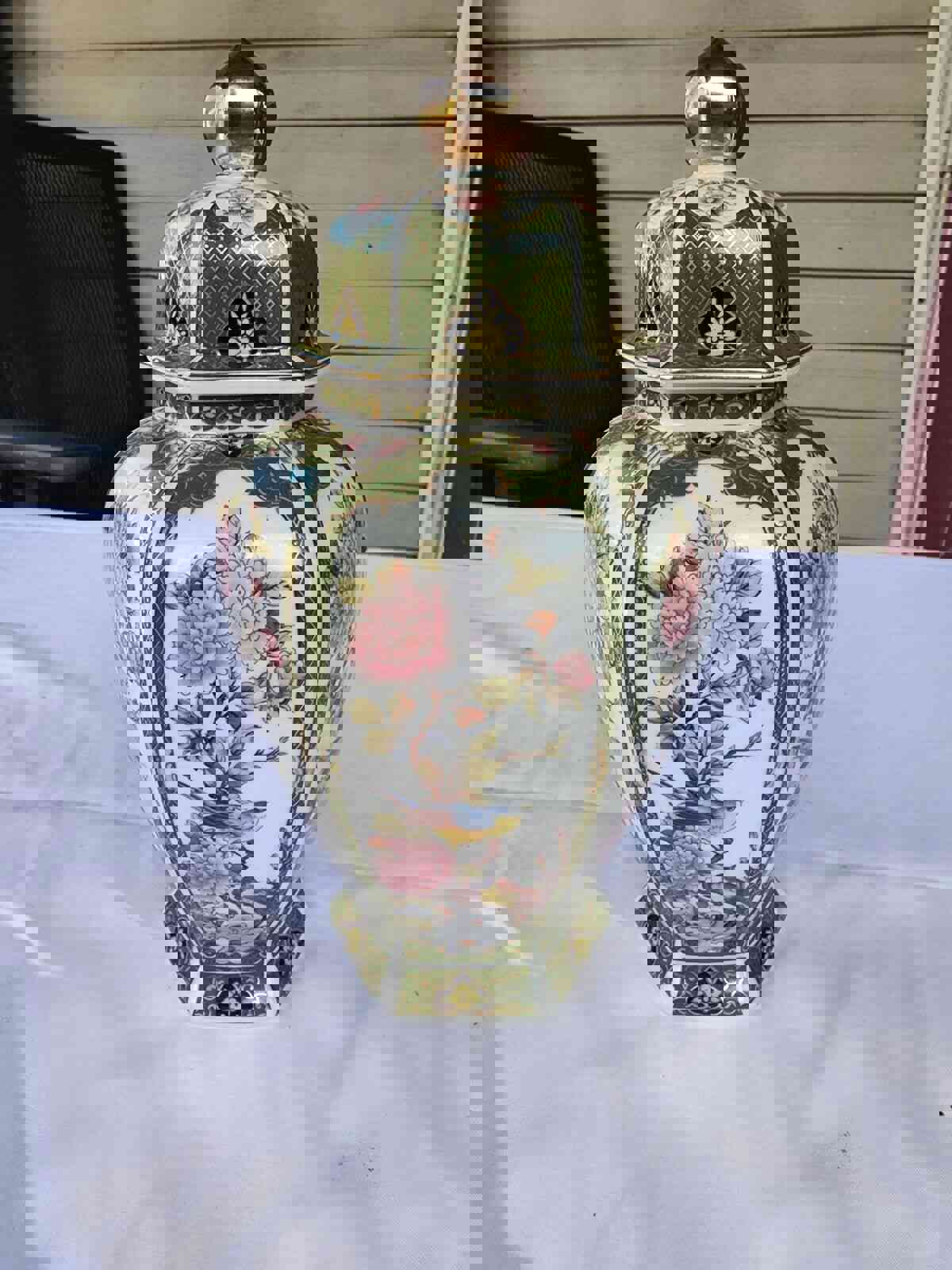 Vintage Japanese Famille Verte Green & Gold Birds Flowers Ginger Jar