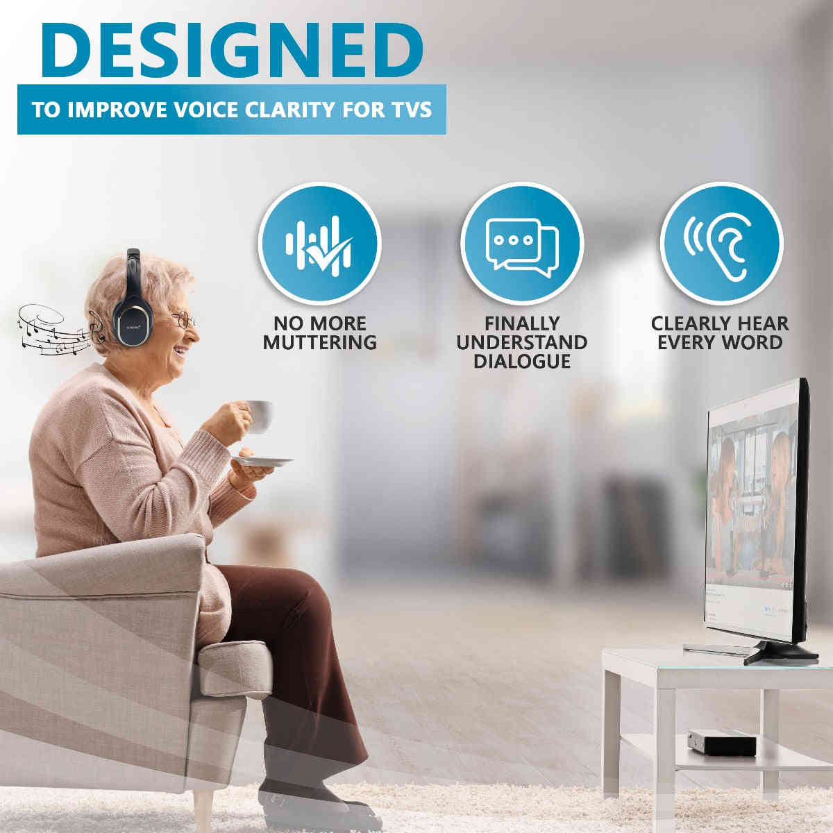 SEREONIC Voice Enhancing TV Headphones - Lightweight & Zero Delay