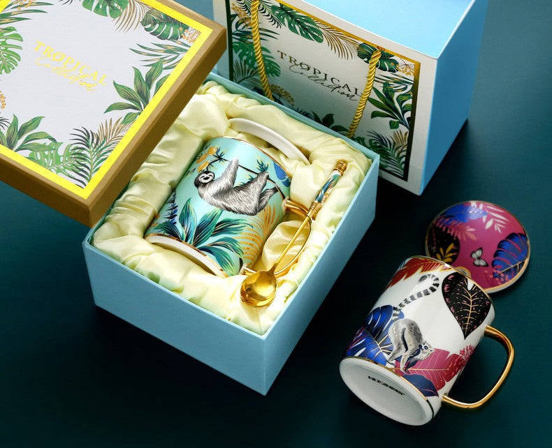 Large Capacity Jungle Animal Porcelain Mugs with Spoon and Cover in Gift Box