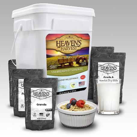 Heavens Harvest Survival Breakfast Bucket - 104 Servings (4 Varieties + Bonus Nonfat Dry Milk)