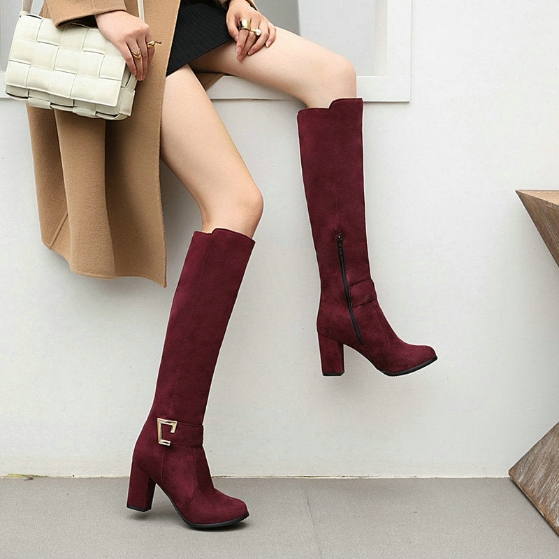 Llyge 2023 New Faux Suede Women Knee High Boots with Buckle and Square Heel for Autumn Winter