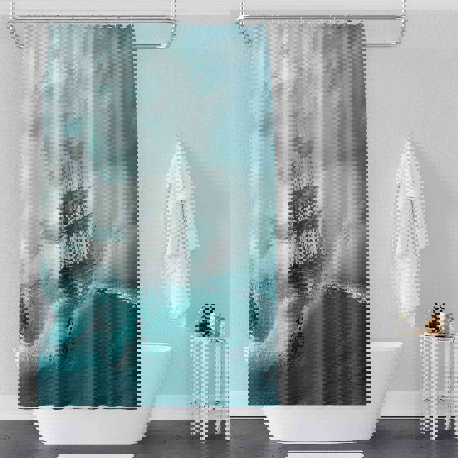 Blue Nautical Shower Curtain with Old Ship Design | Extra Long & Machine Washable
