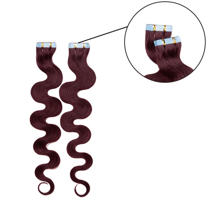 Seamless Tape Ins 20pcs Wine Red Wavy Human Hair Extensions