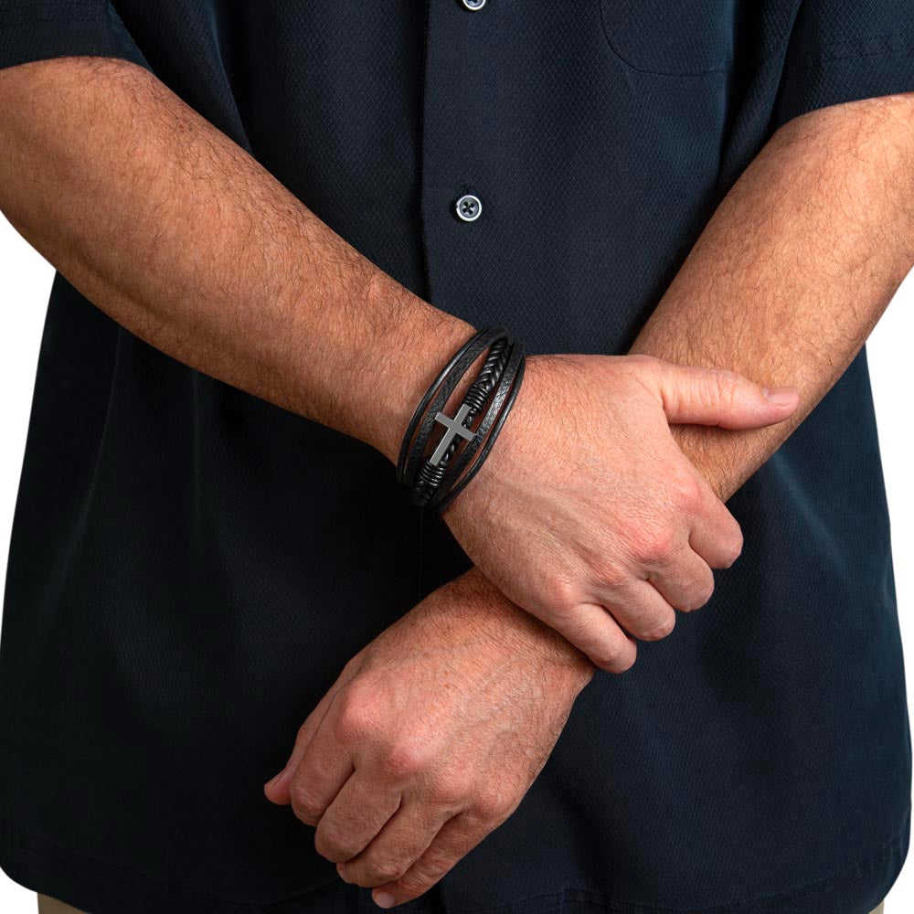 Mens Braided Leather Bracelet with Cross - Special Gift for Christmas, Valentines Day, Anniversary or Birthday
